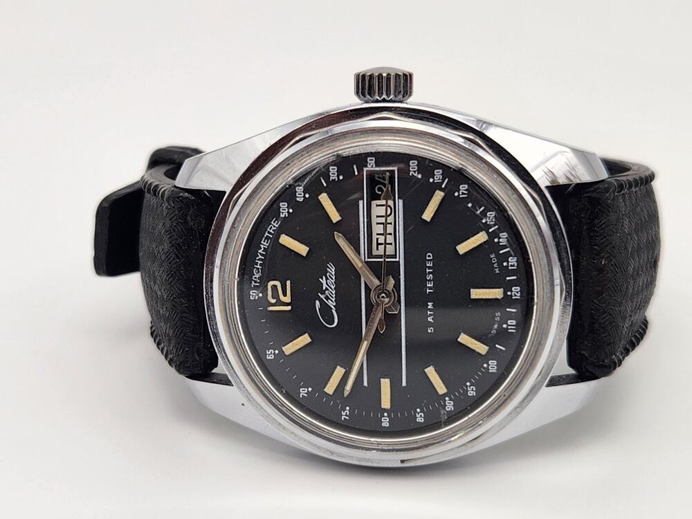 Vintage 1960s Chateau Men Automatic 5 ATM Diver Watch Day / Date Tachymetre 37mm